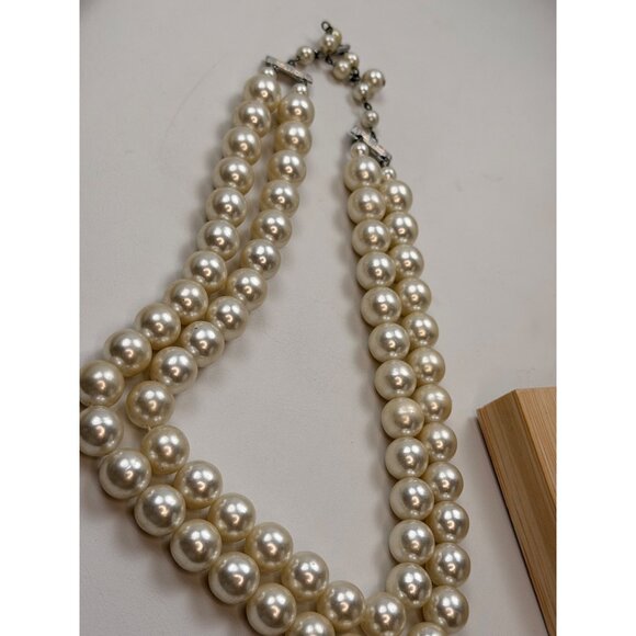Signed JAPAN Double Strand Faux Pearl Necklace With Rhinestone Clasp - 20" Elega - Picture 10 of 12